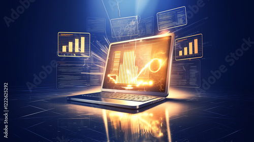 Illustrative photo of a laptop with blue base showing rising graphs of stock prices, forex, and bitcoin