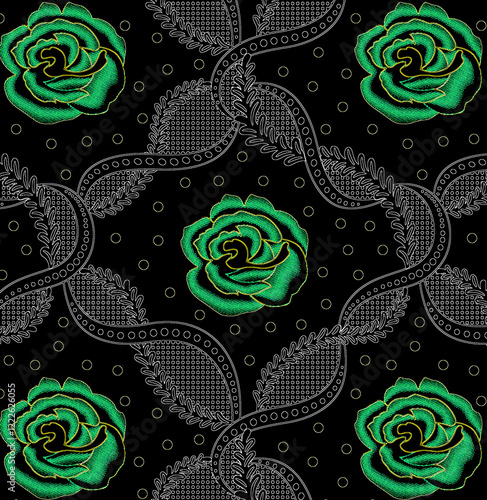 seamless gentle vector paisley print with ethnic paisley and flowers pattern, allover composition. Detailed beautiful paisleys with floral motives in black and white. photo