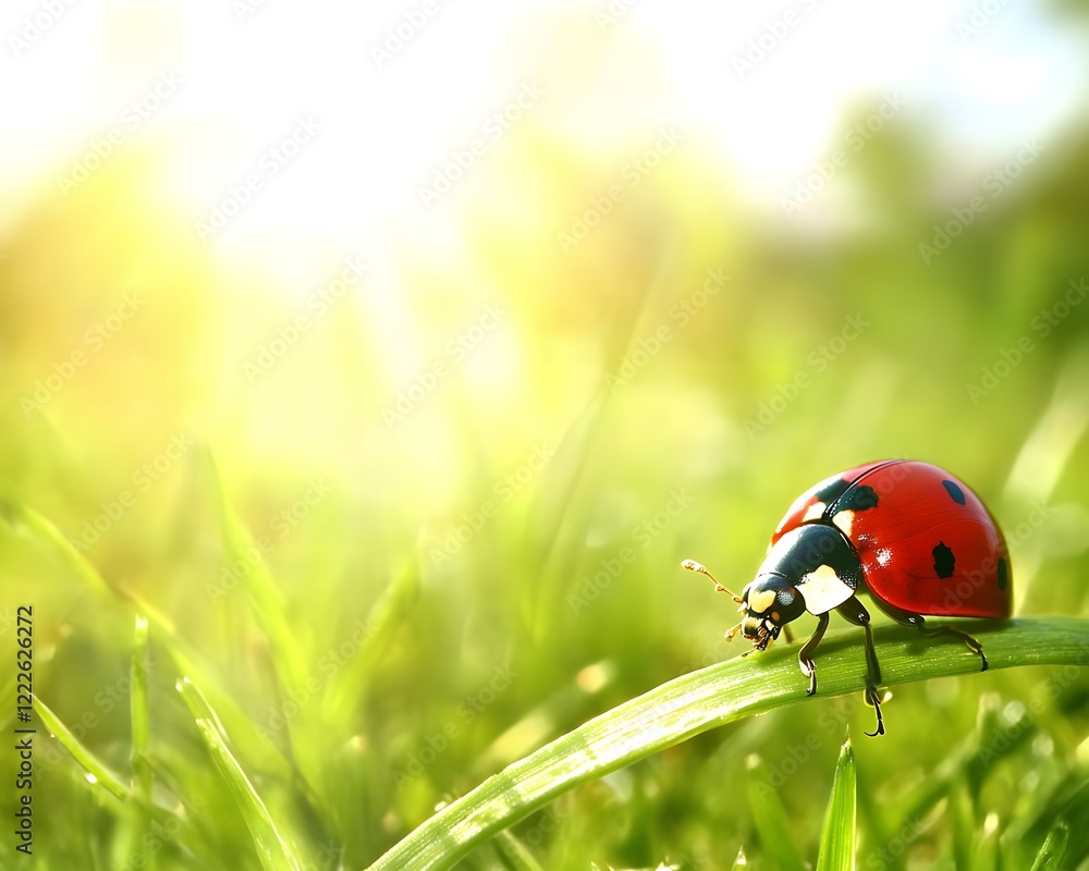 Fototapeta premium Vibrant Ladybug on Sunny Grass Blade Closeup