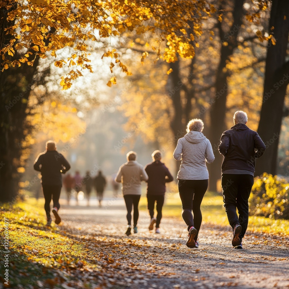 Obraz premium Group of elderly people jogging in autumn park at sunrise