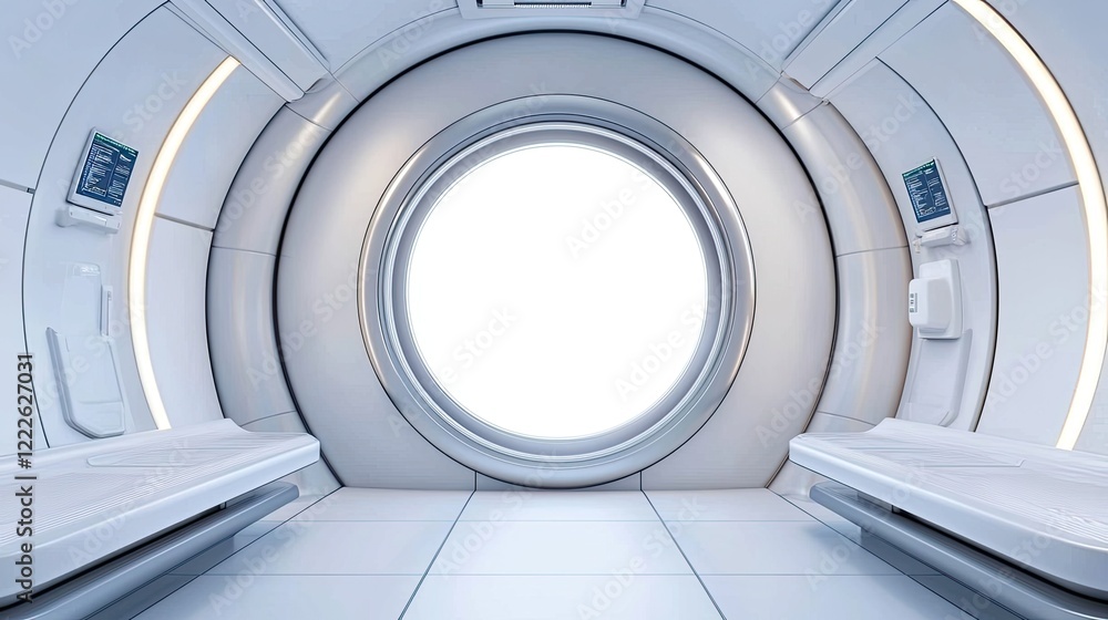 A futuristic circular portal with a bright white light at its center, framed by sleek, modern architecture in a sterile environment. A futuristic circular portal with a bright white light at its center, framed by sleek, modern architecture in a sterile environment.