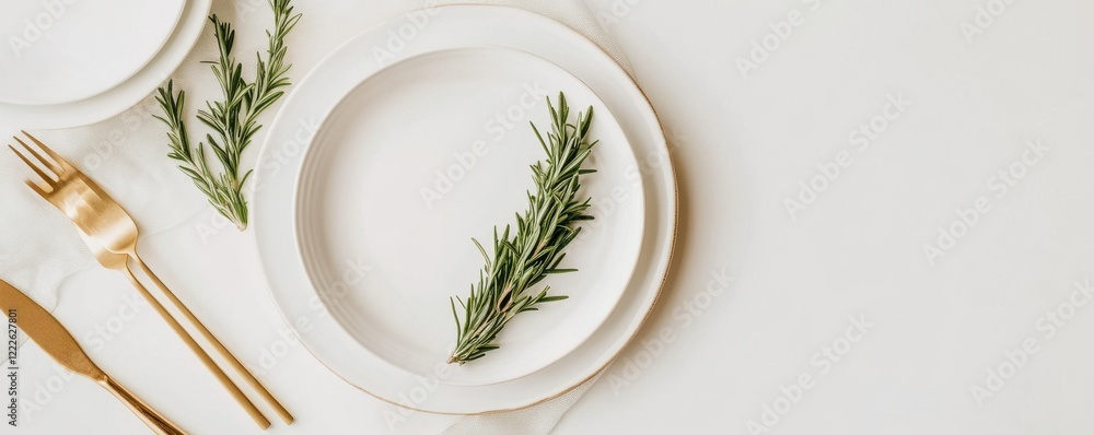 Elegant table setting with gold cutlery and rosemary garnish on white plates Elegant table setting with gold cutlery and rosemary garnish on white plates