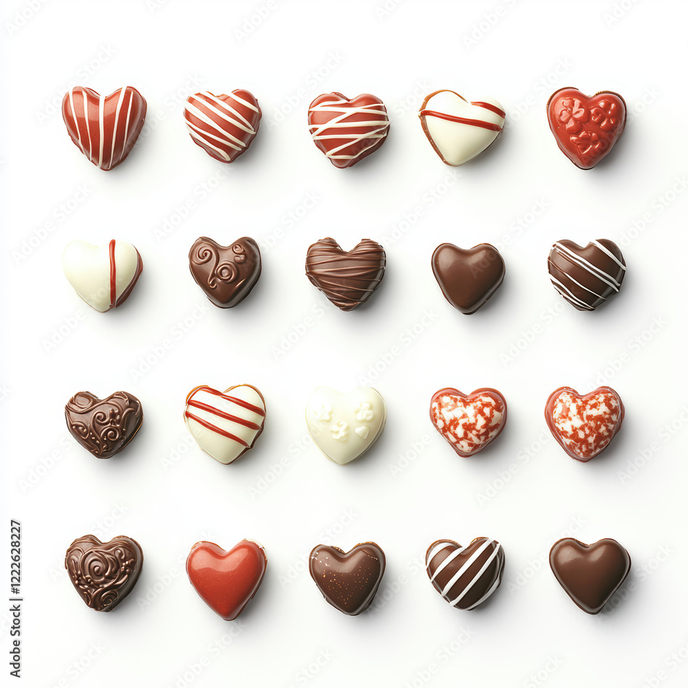 Assorted Heart-Shaped Chocolates on White Background for Valentine's Day Celebration Assorted Heart-Shaped Chocolates on White Background for Valentine's Day Celebration