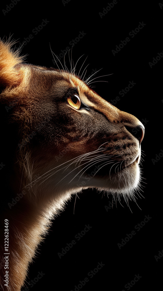 Naklejka premium Lion profile portrait with dramatic lighting on black background conveying strength and majesty in wildlife