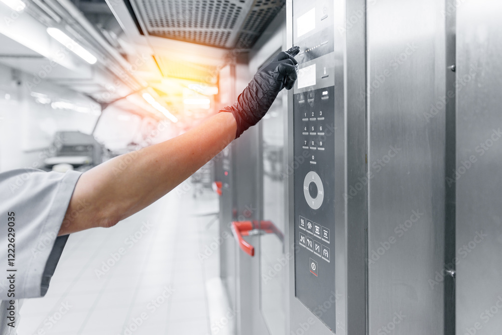 Worker operating oven control panel in modern bakery factory Worker operating oven control panel in modern bakery factory