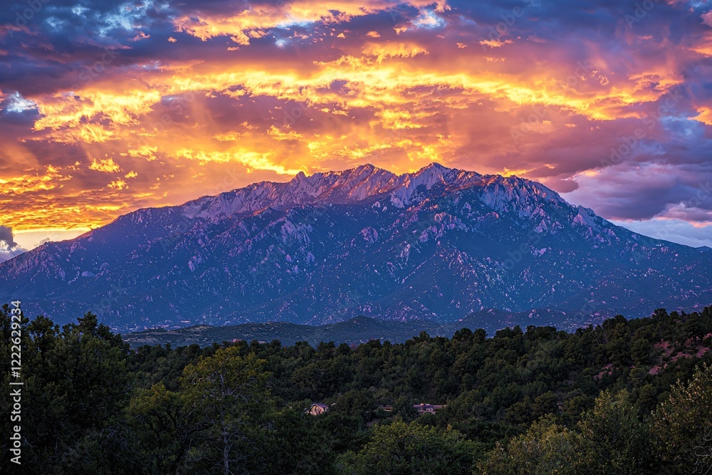 Obraz premium Majestic mountain range under a vibrant sunset sky, showcasing dramatic colors and serene landscape