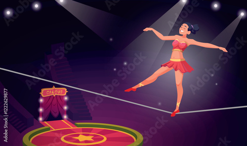 Circus performance. Acrobatic show on circus area exact vector cartoon background with athletic equilibrists show