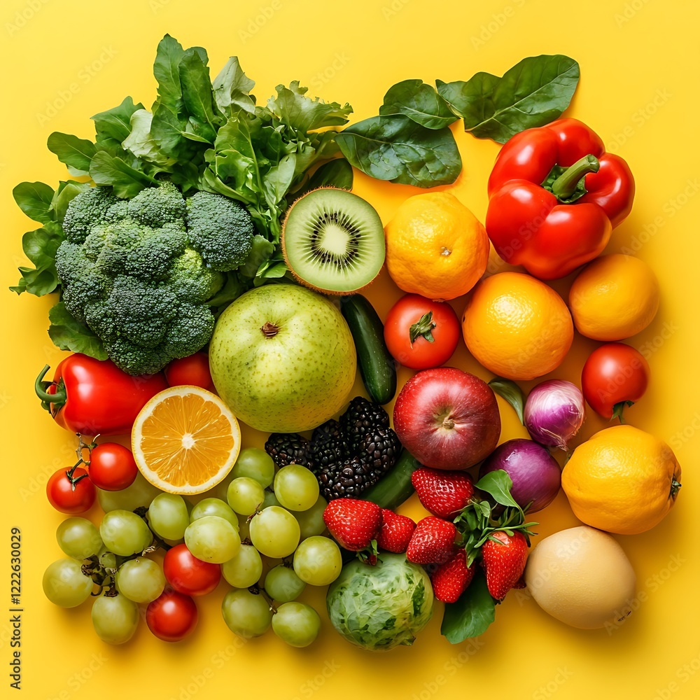 Fruits and vegetables on yellow background. Top view. Flat lay Fruits and vegetables on yellow background. Top view. Flat lay