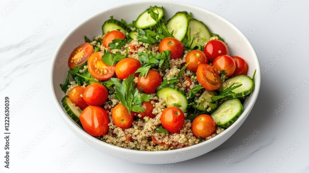 Low calorie foods concept. A delicious bowl of fresh salad featuring tomatoes, cucumbers, and quinoa. Low calorie foods concept. A delicious bowl of fresh salad featuring tomatoes, cucumbers, and quinoa.