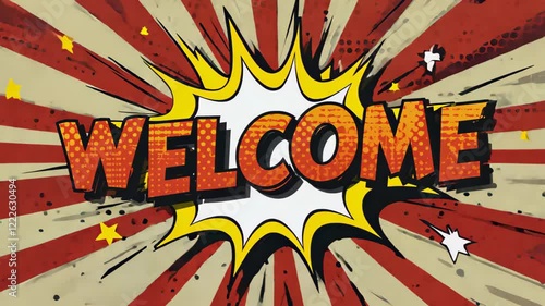 Welcome text. Motion poster. Comic book word text moving on abstract comics background. Retro pop art style