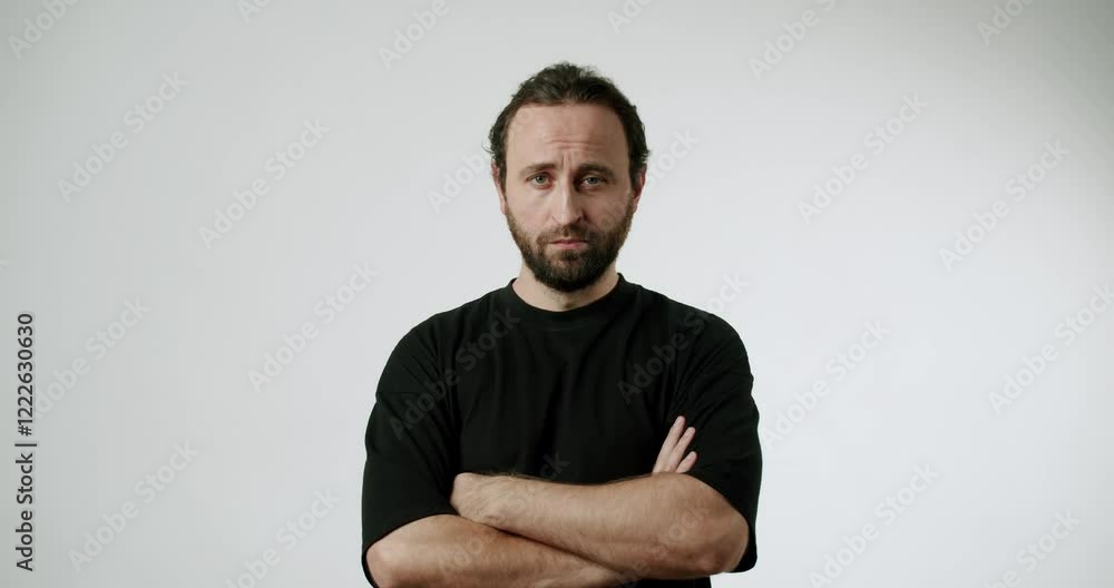 A man with a beard and mustache stands against a white background with his arms crossed. He looks at the camera with a serious expression and then looks away.