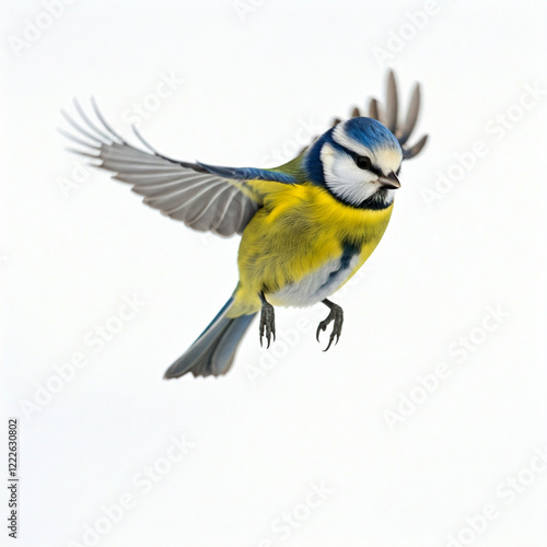 Blaumeise im Flug vor weißem Hintergrund