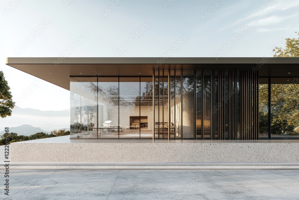 Naklejka premium A minimalist retail structure with a smooth stone base, vertical metal lines, and expansive glass windows