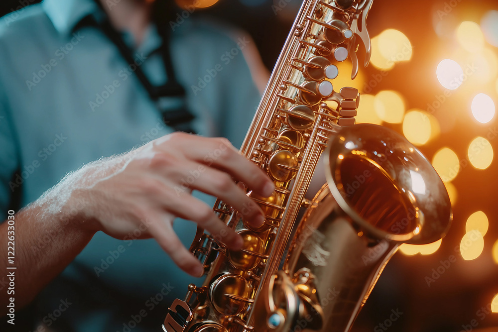 Obraz premium A talented male saxophonist playing a saxophone passionately generative AI