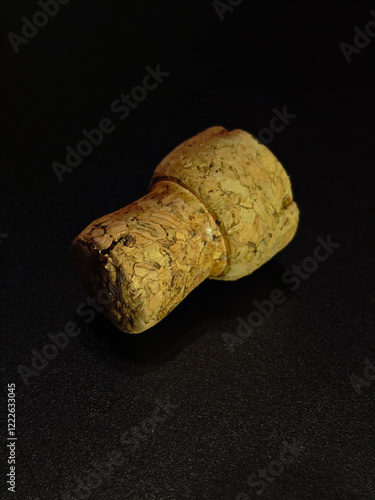 Close-Up of a Champagne Cork on a Black Surface photo