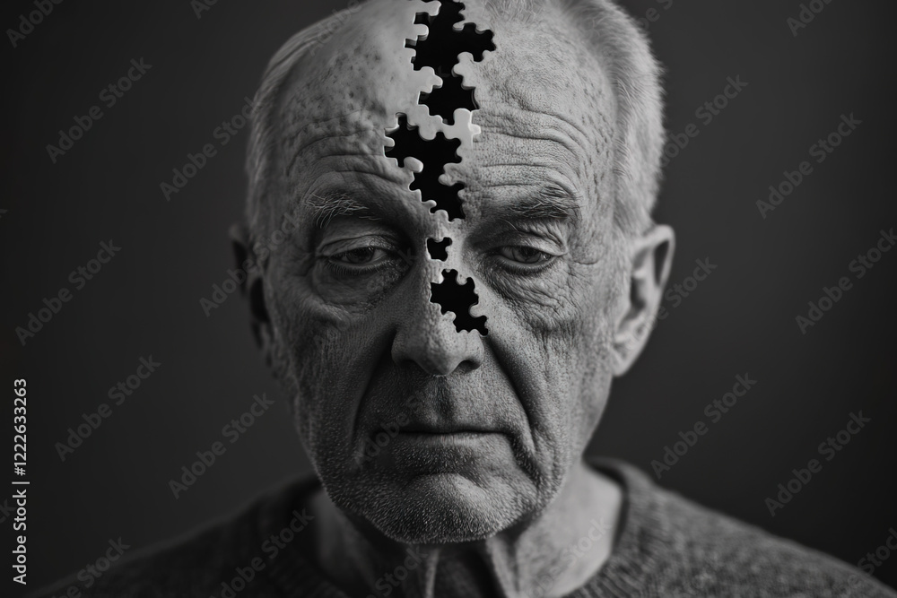 Fototapeta premium Dementia depicted through a striking visual of an elderly man's fragmented identity and loss of memory