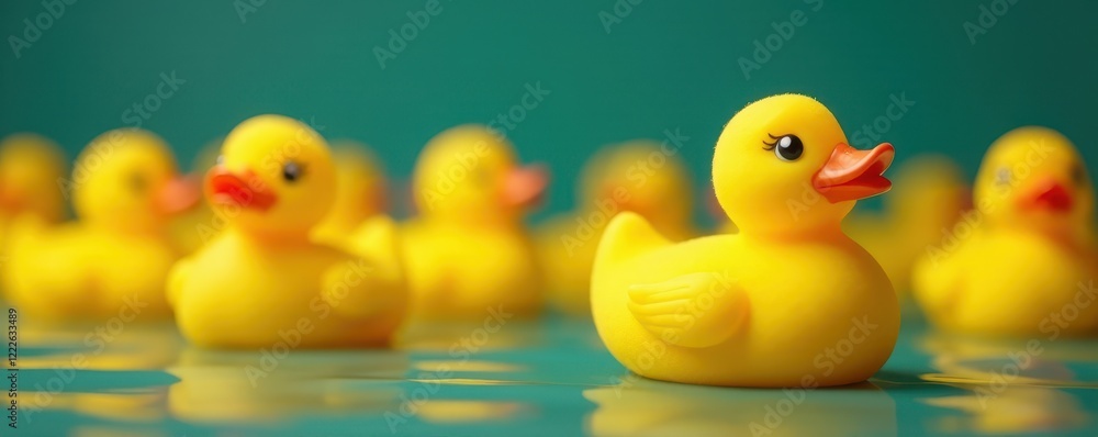 Collection of yellow rubber ducks; single golden duckling stands out , bath time, swimming ducks Collection of yellow rubber ducks; single golden duckling stands out , bath time, swimming ducks