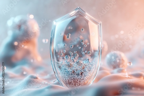 Wallpaper Mural Visual showcases a transparent shield effectively blocking virus particles, illuminated in blue and green hues, set against a neutral backdrop allowing space for branding Torontodigital.ca