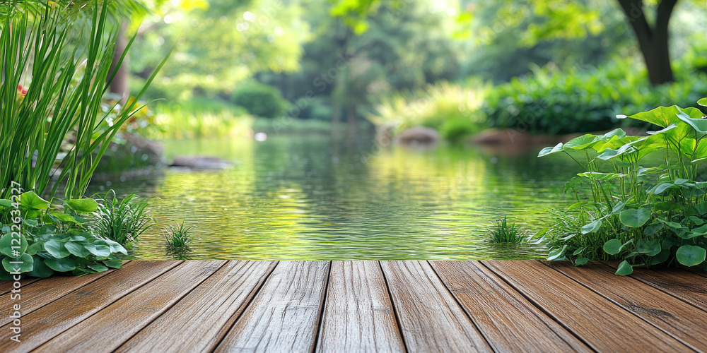 Tranquil Pondside View: Wooden Dock Overlooking a Serene Waterscape Tranquil Pondside View: Wooden Dock Overlooking a Serene Waterscape