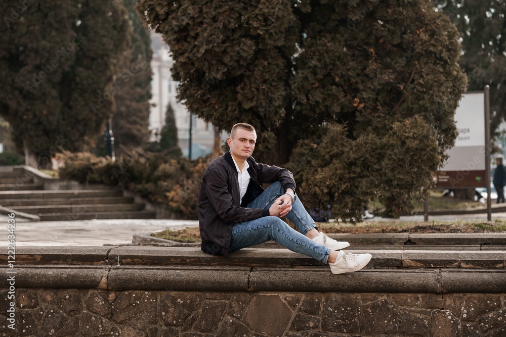 Contemplative Young Man Sitting on a Stone Wall in a Park Contemplative Young Man Sitting on a Stone Wall in a Park