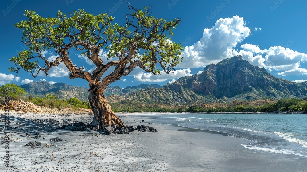 Lone tree stands on beach with mountains background Lone tree stands on beach with mountains background