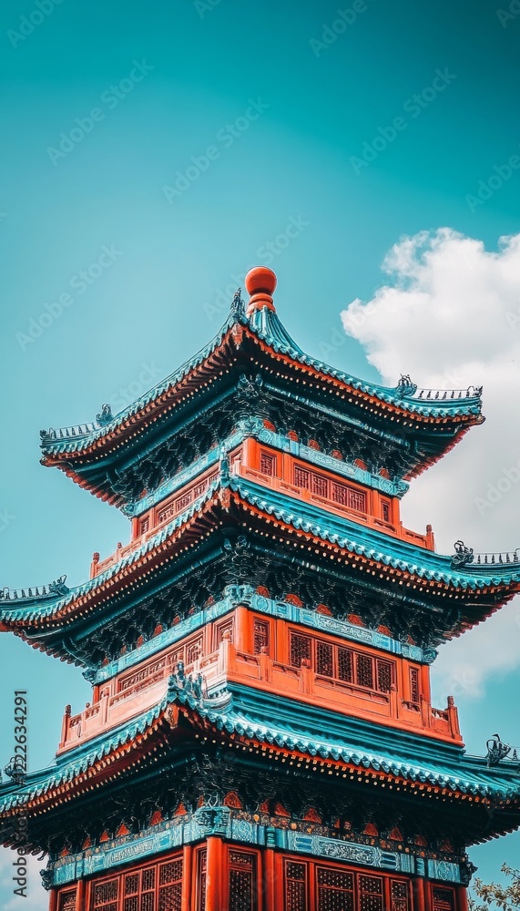 Traditional Chinese Architecture Ornate Pagoda Under a Vivid Blue Sky. Beijing, China Traditional Chinese Architecture Ornate Pagoda Under a Vivid Blue Sky. Beijing, China
