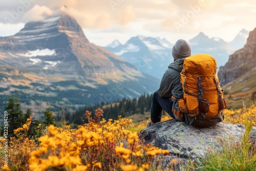 A lone hiker sitting on a rock in a remote mountain valley, the vast wilderness around them emphasizing their solitude photo