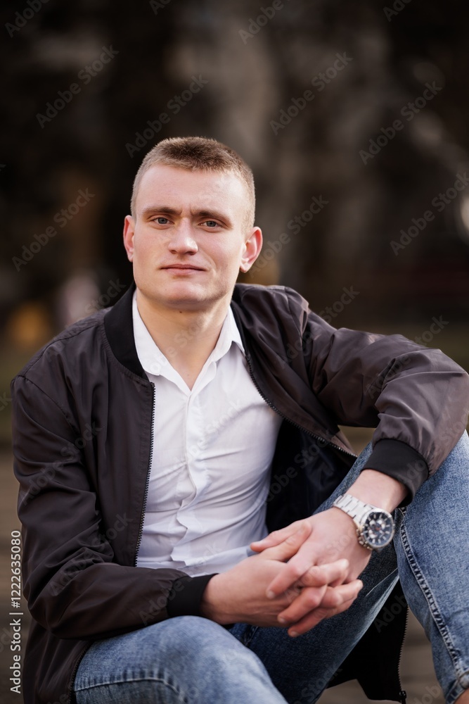 Young Man Sitting Outdoors in Casual Attire with a Reflective Expression Young Man Sitting Outdoors in Casual Attire with a Reflective Expression