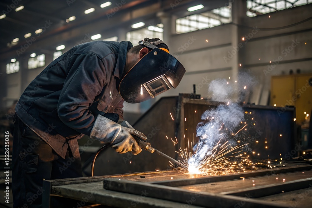 Welder working on metal fabrication with sparks flying Welder working on metal fabrication with sparks flying