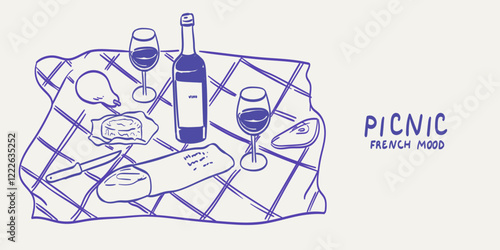 La Dolce vita lifestyle illustrations in line doodle style for cafe, restaurants menu, wedding decor. Picnic in french or italian style with wine, cheese, bread. Elegant breakfast or brunch placard.