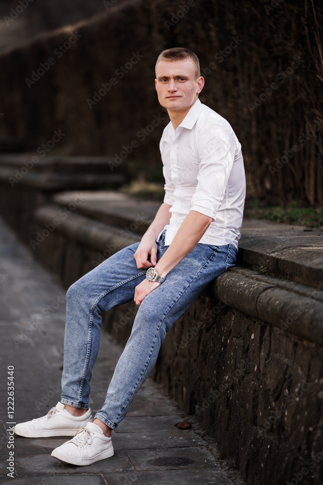 Young Man Sitting Casual in Urban Environment Young Man Sitting Casual in Urban Environment