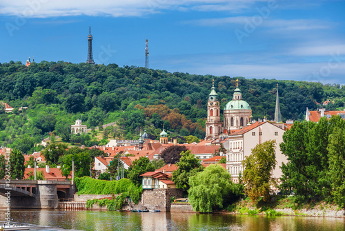 Photography View of Prague Mala Strana old district and River Vltala with Petrin Hill
