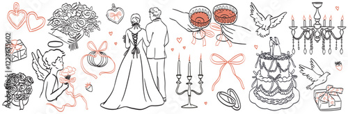 Hand drawn chalk wedding ceremony illustrations. Bride and groom icon. Wine champagne glasses, rings, flower bouquet drawings for invitations, menus, parties. Italian or french romantic sketch style.