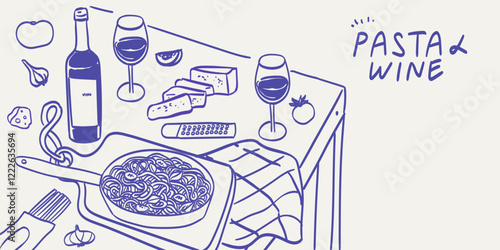 Wine bottle, pasta and cheese hand drawn poster for wall art and prints. Vector illustration of kitchen macaroni preparation for family dinner in retro doodle style perfect for restaurant or cafe menu