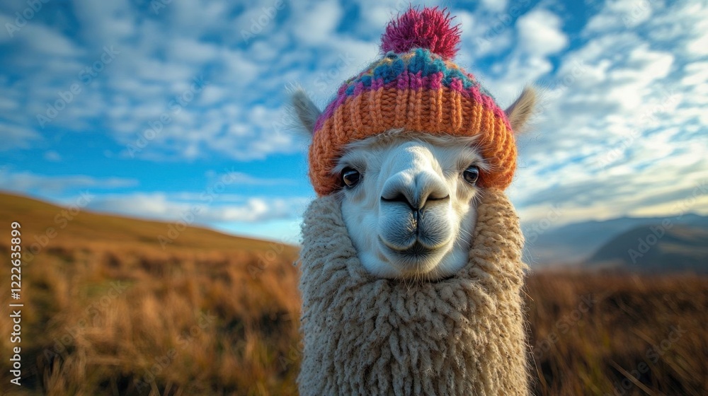 Obraz premium A joyful alpaca wearing a colorful hat.