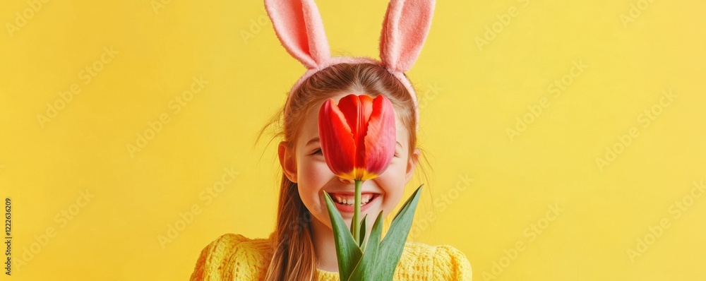 Smiling caucasian girl with bunny ears behind red tulip on yellow background Smiling caucasian girl with bunny ears behind red tulip on yellow background