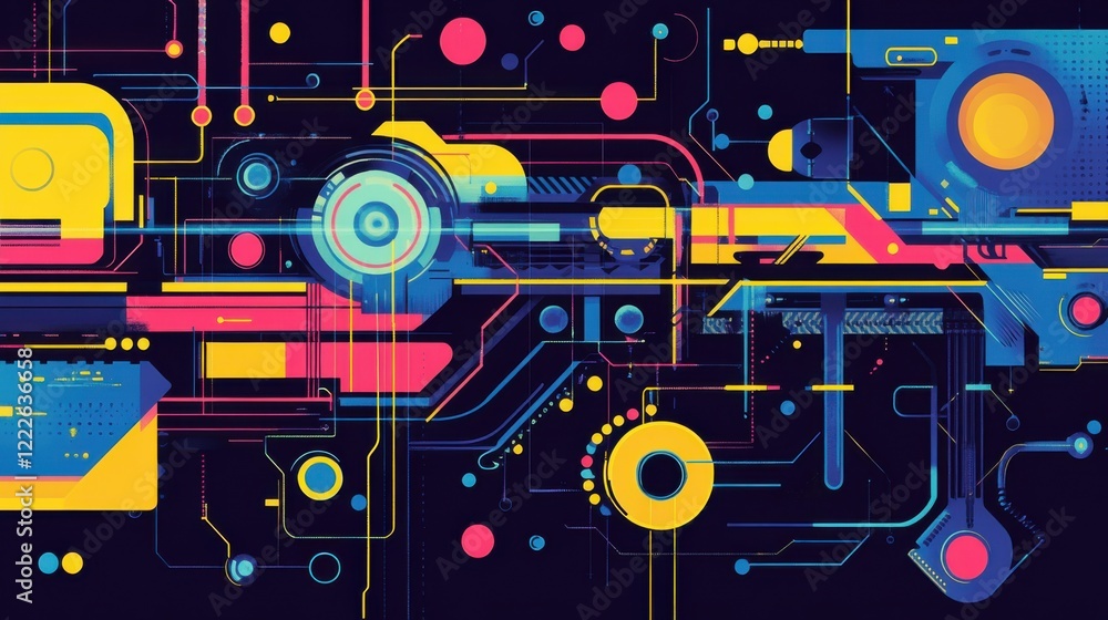 Obraz premium Colorful abstract digital design featuring geometric shapes and vibrant lines on a dark background