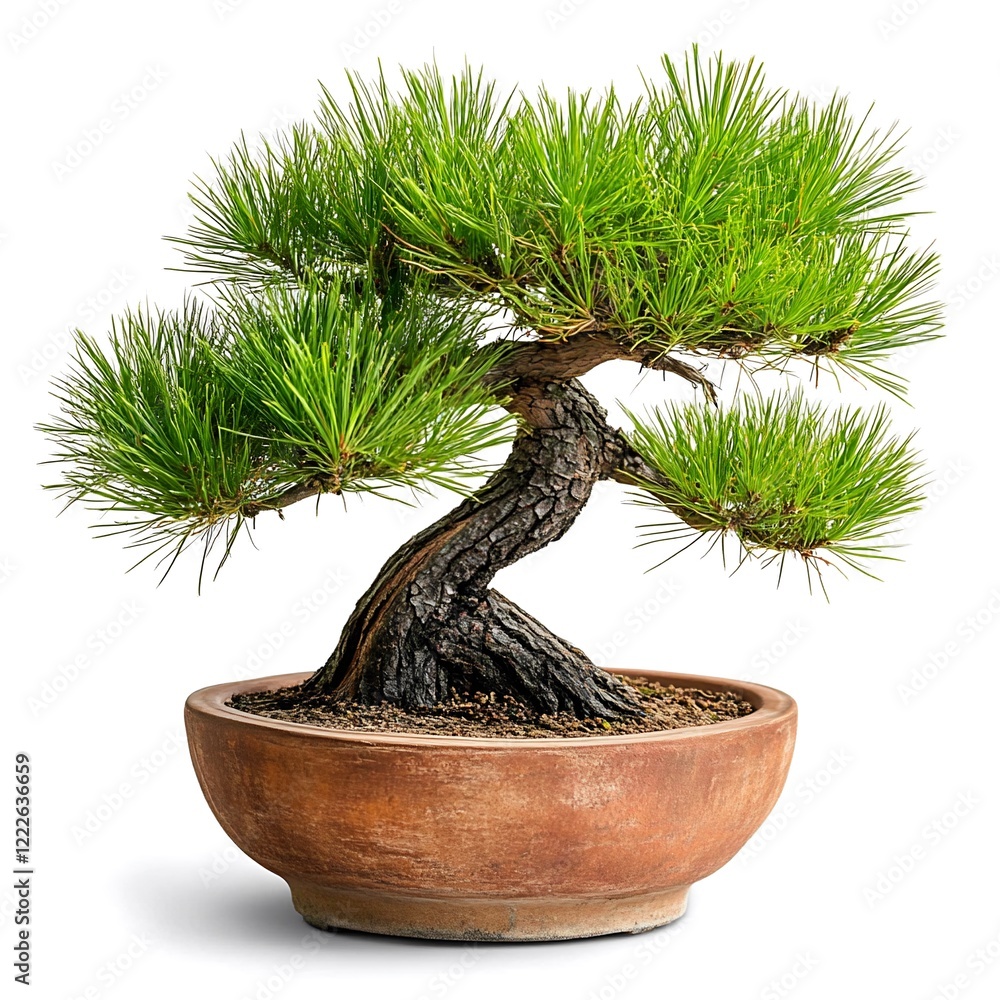 Fototapeta premium Beautiful Bonsai Tree in Clay Pot with Lush Green Needles