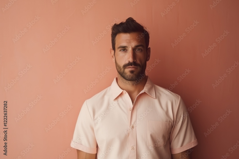 A man in a pink shirt is standing in front of a pink wall A man in a pink shirt is standing in front of a pink wall
