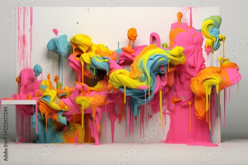 A colorful painting of a rainbow with a splash of pink