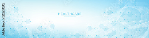 Modern health care or medical background design. Health care innovation concept. Horizontal header web banner. Abstract geometric background with hexagon shapes for medicine, science, chemistry.