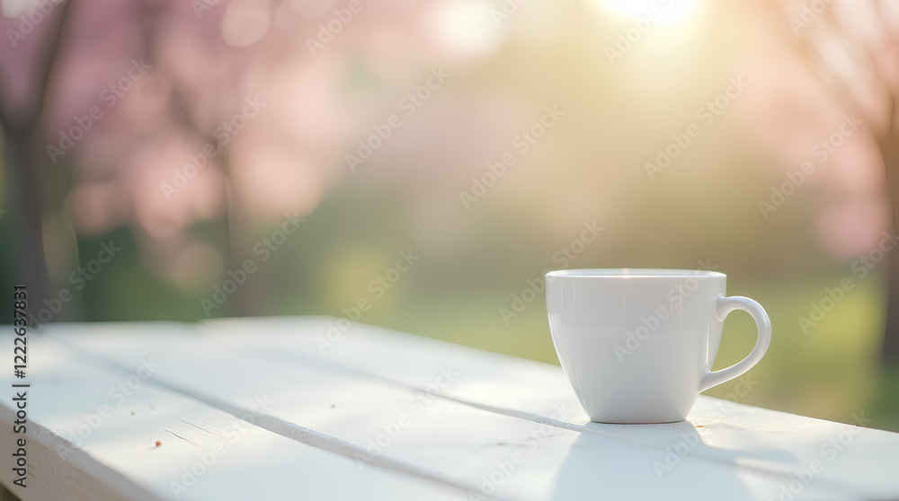 Fototapeta premium white table with blurred spring background