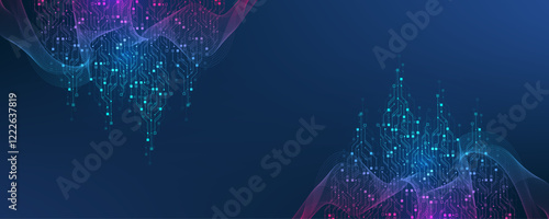 Artificial Intelligence or machine learning vector design. Quantum computer technology concept with circuit board and motherboard texture background design. Waves flow quantum explosion