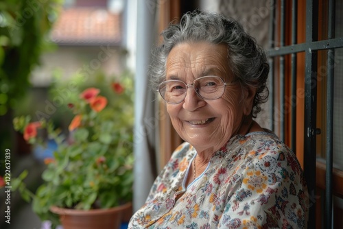 Portrait of a cheerful elderly woman smiling on her balcony photo