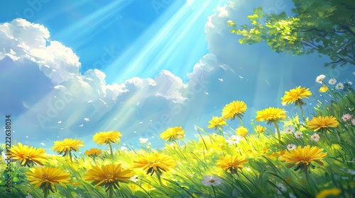 Vibrant Meadow with Bright Yellow Flowers Under Clear Blue Sky and Soft Sunlight Beams