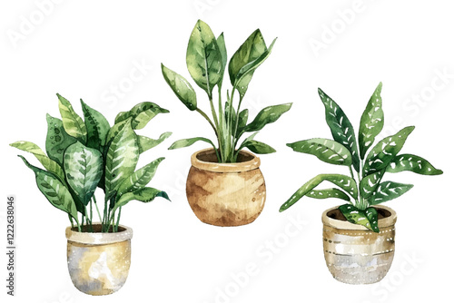 Vivid green watercolor houseplants vector collection. Indor plants in pots drawing set.