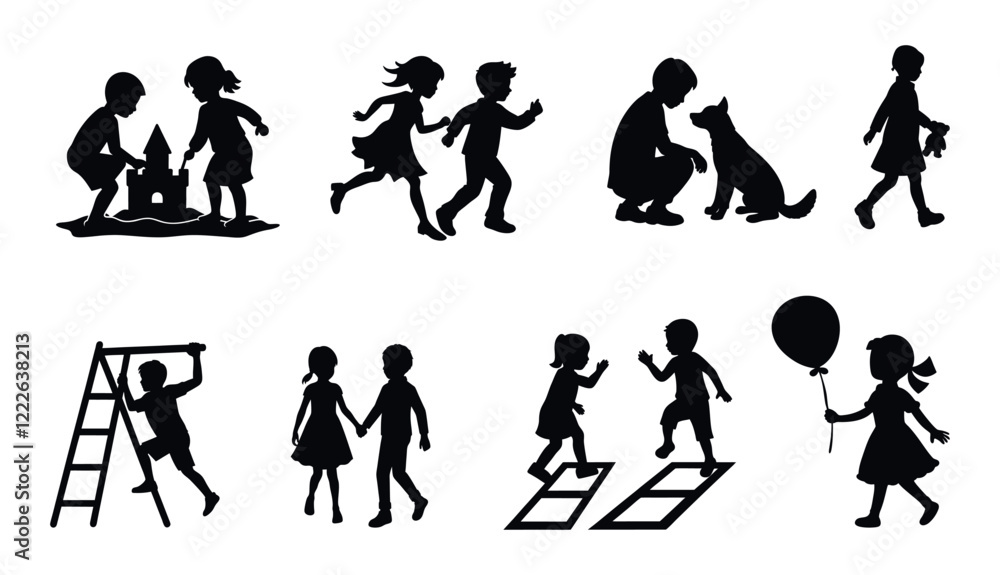 Obraz premium Vector silhouette collection of kids in various joyful activities. playing, jumping, running, walking, play with pets, Different moments of children's vector illustration on white background