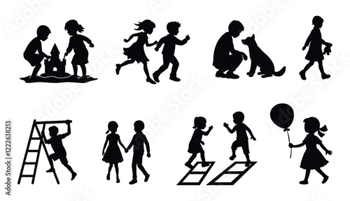 Vector silhouette collection of kids in various joyful activities. playing, jumping, running, walking, play with pets, Different moments of children's vector illustration on white background