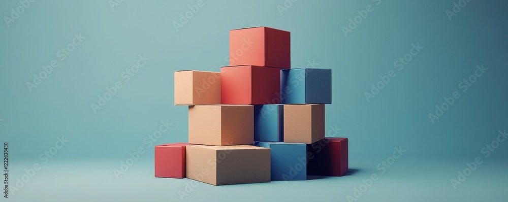 Colorful cardboard boxes stacked against blue background Colorful cardboard boxes stacked against blue background