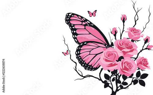 Pink butterfly with roses Illustration 